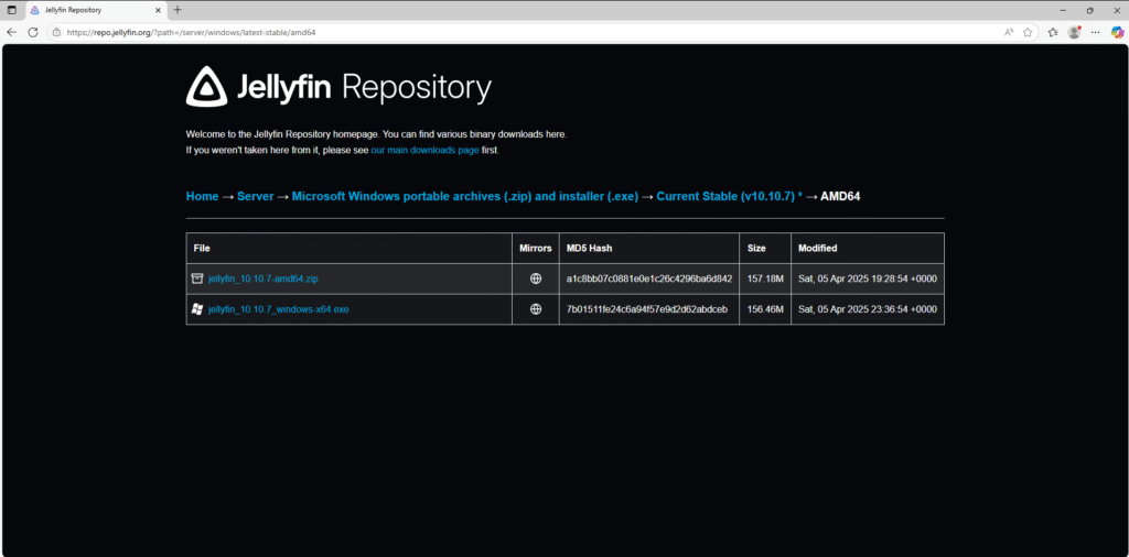 Jellyfin Download Web Page